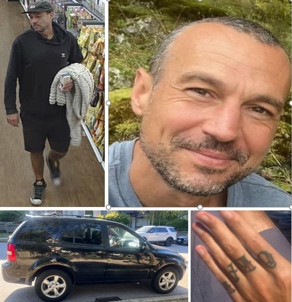 Collage of four photos of Scott Phillips, in the first photo he is wearing a black hoodie, black shorts, sneakers and a dark hat and in the second photo he is not wearing a hat. The third photo is of his left hand with the word OKAY tattooed on his fingers and the fourth photo of his black Kia Sorento vehicle.