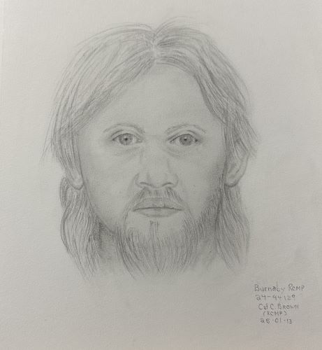 A black and white sketch of a man with facial hair and writing on the bottom right that says <q>Burnaby RCMP, 24-44129, Cst. C Brown (RCMP) 25-01-13</q>