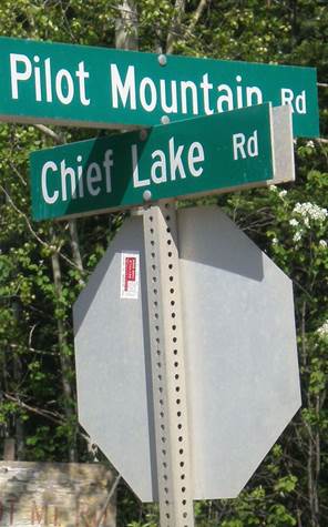 Photographie d'une plaque de rue au coin du chemin Pilot Mountain et du chemin Chief Lake.