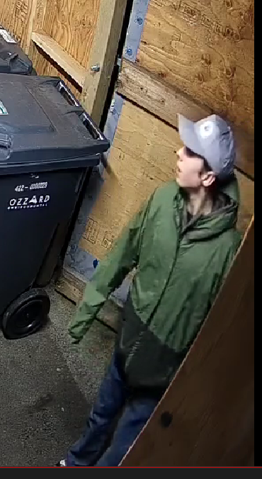suspect wearing a green jacket and grey ballcap
